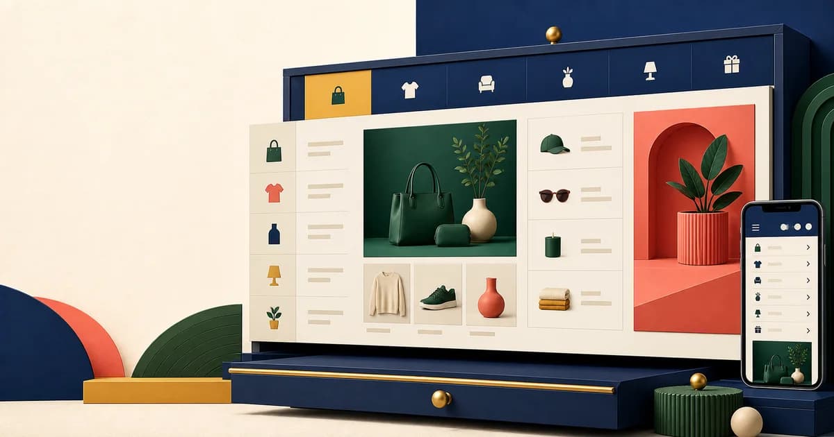 Shopify storefront mega menu grouping eyewear collections into clear labeled columns with keyboard focus visible