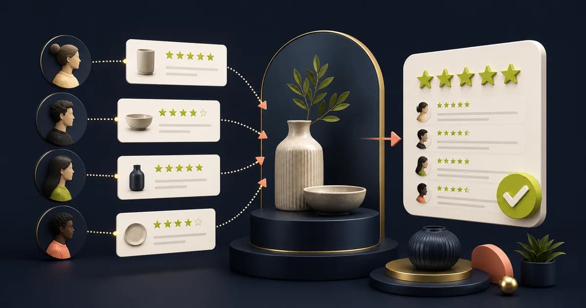 Shopify review workflow linking delivered orders to verified feedback, moderation, product-page rating blocks, merchant replies, and accessible review detail