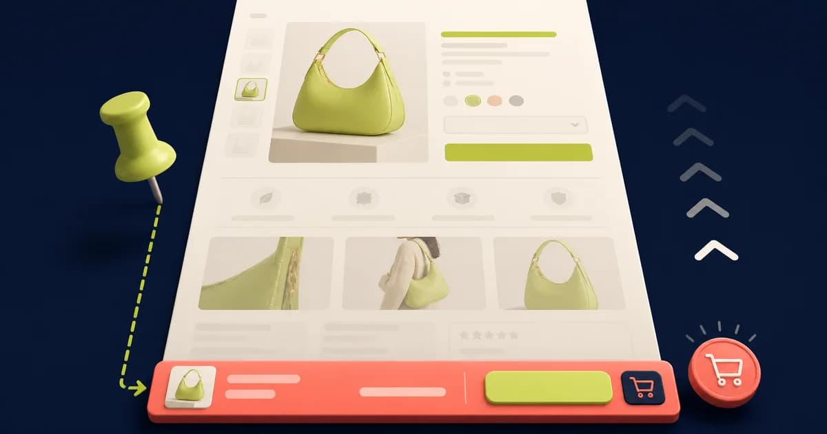 Mobile Shopify product page with a bottom sticky purchase bar synchronized to the selected blue medium variant, price, availability, and cart status
