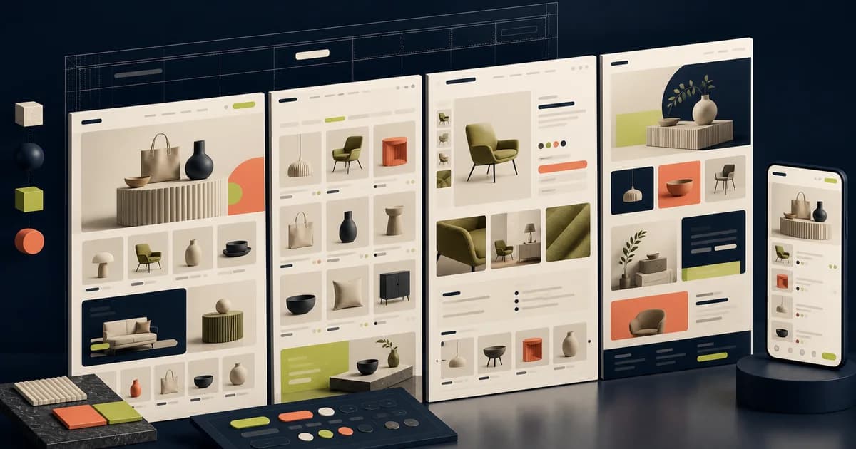 Figma e-commerce template storyboard comparing optical, fashion, electronics, medical, and course page compositions