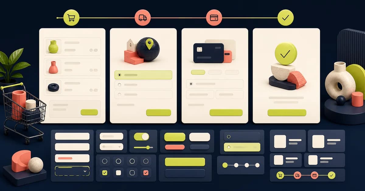 Checkout flow UI kit comparison with cart, address, delivery, payment authentication, error recovery, and order confirmation states
