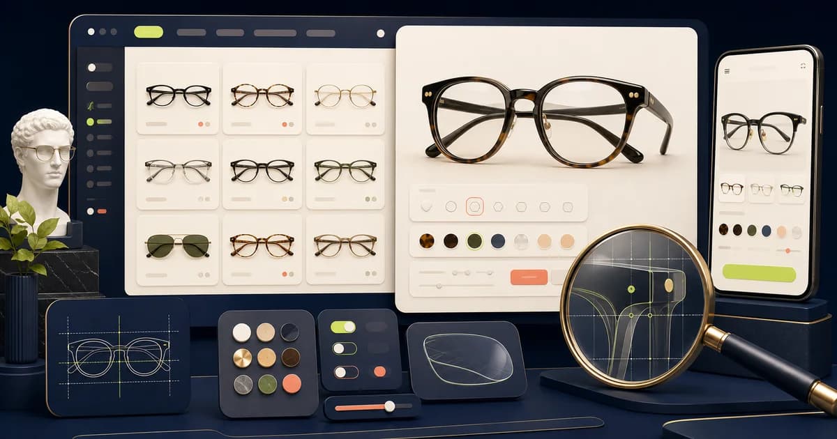 Optical-store Figma flow with frame finder, measurements, lens choices, prescription upload, and order states