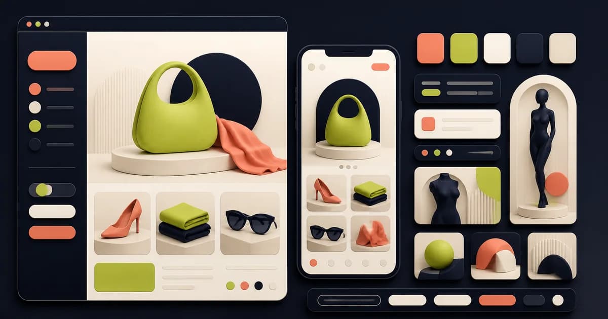 Fashion-store Figma board with editorial collection, size guide, color availability, outfit grouping, and returns content