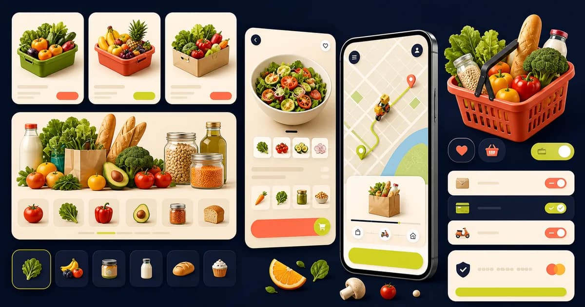 Grocery-delivery Figma blueprint with postcode serviceability, weighted goods, substitutions, delivery slots, and live order changes
