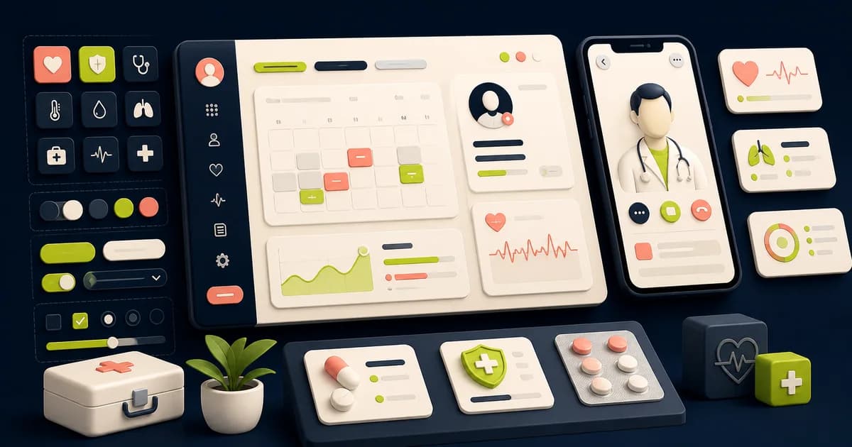 Healthcare Figma workflow with medicine search, appointment booking, prescription review, privacy, and escalation states