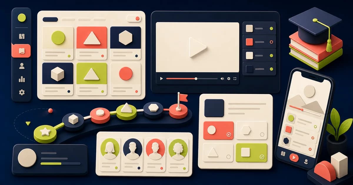 Course-platform Figma journey with curriculum, instructor profile, enrollment, lesson progress, and learner recovery