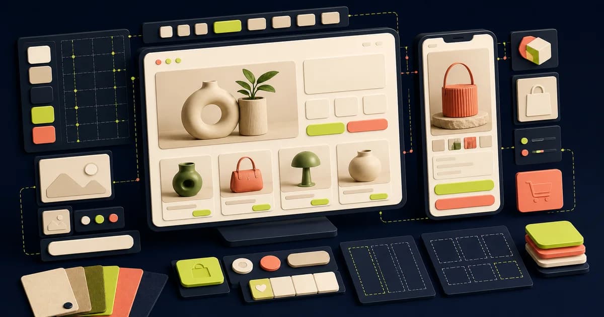 E-commerce Figma kit comparison board with catalog, product, cart, and order-state frames