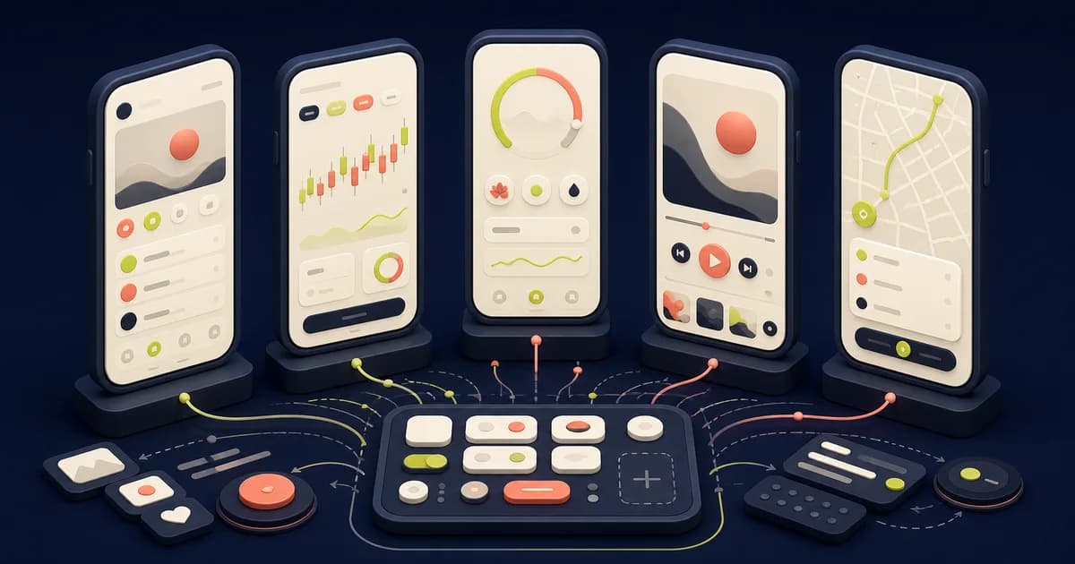 Mobile app UI kit comparison showing iOS and Android navigation, permissions, authentication, offline states, and accessibility checks