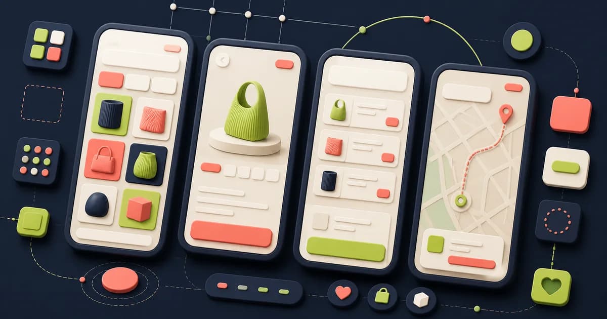 Mobile commerce Figma frames showing iOS and Android navigation, product selection, payment recovery, and order tracking