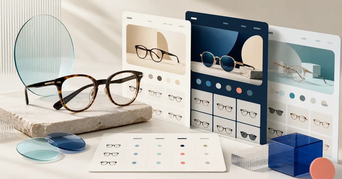 Eyewear theme comparison with frame and lens product cards