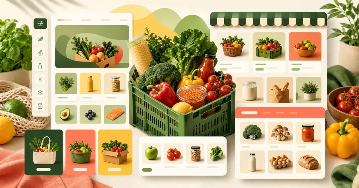 Grocery theme comparison with pack sizes and delivery choices