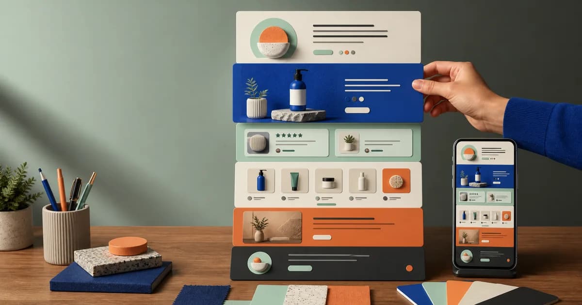 Shopify homepage wireframe arranging a clear hero, collection routes, products, proof, and support sections in mobile order