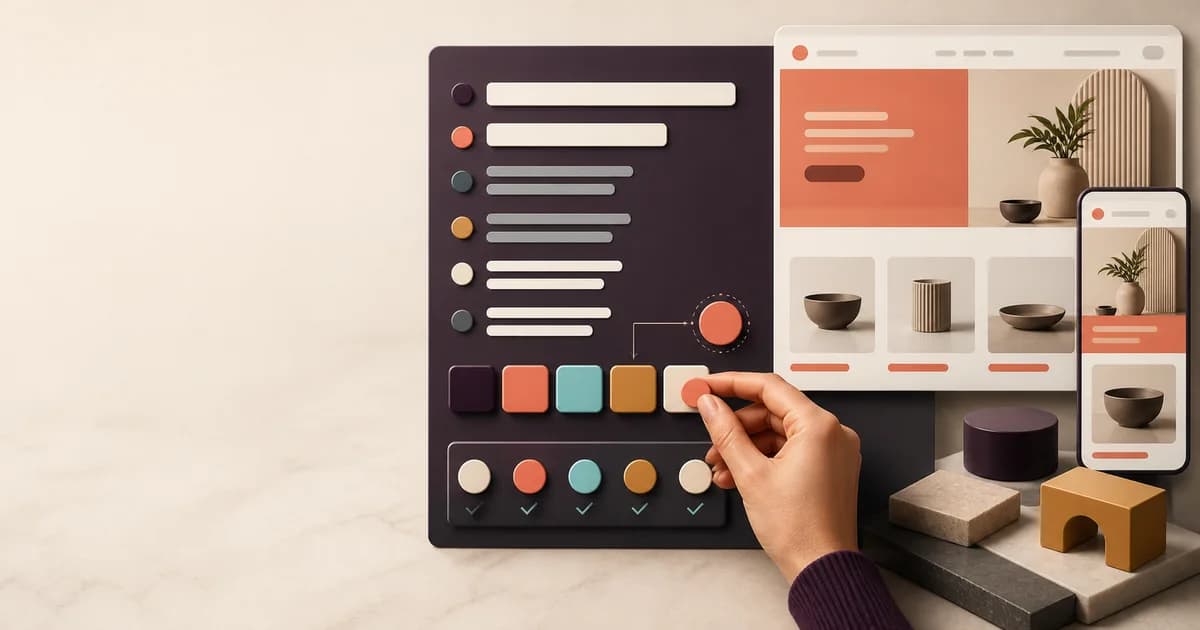 Shopify typography and color controls beside storefront headings, buttons, badges, and contrast samples