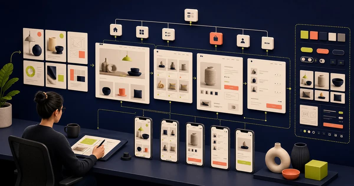 Figma canvas showing a complete responsive e-commerce website system
