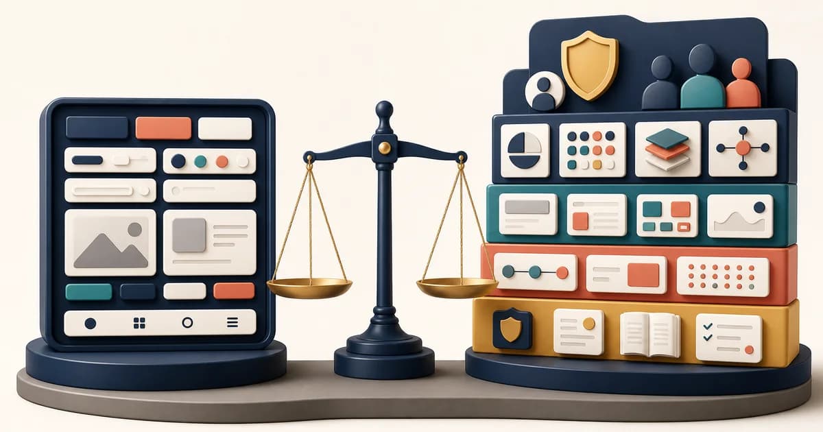 Design system governance compared with reusable UI kit assets