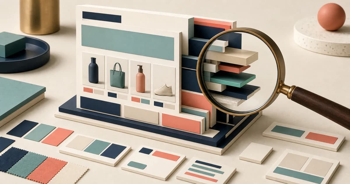 Magnifying glass revealing modular layers behind an ecommerce storefront design