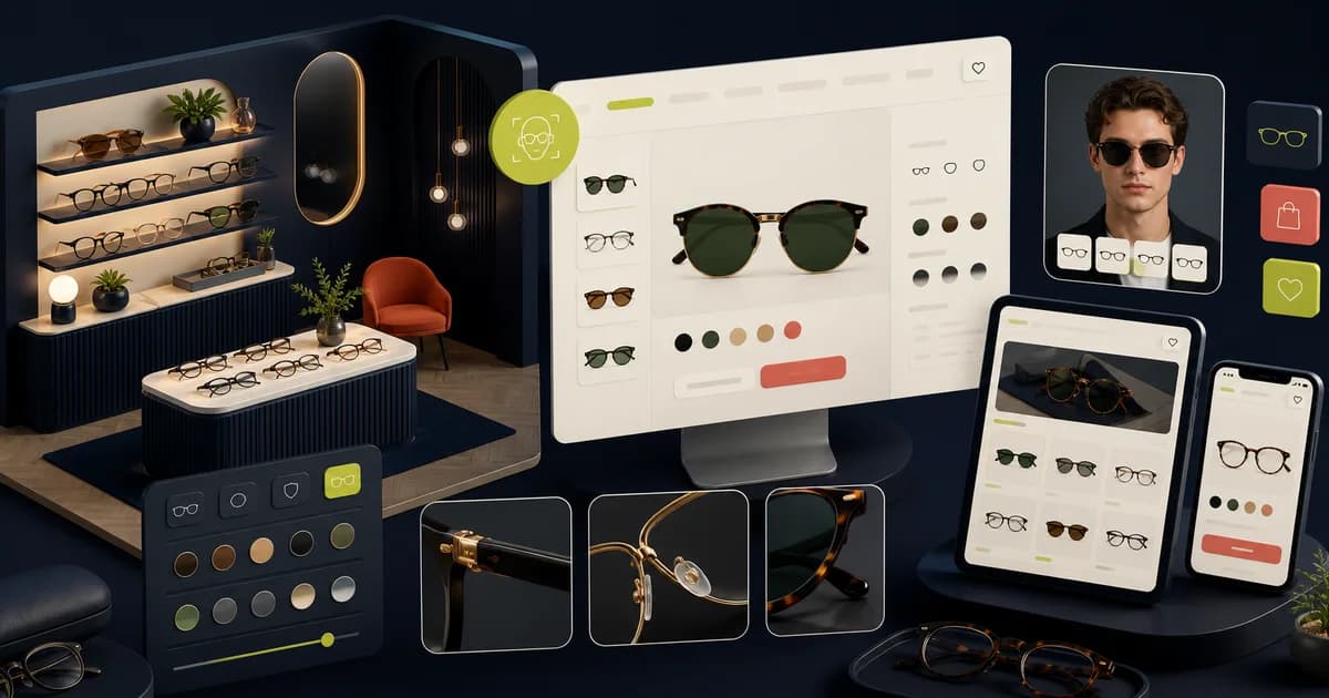 Eyewear storefront with frame details lens choices and fit guidance