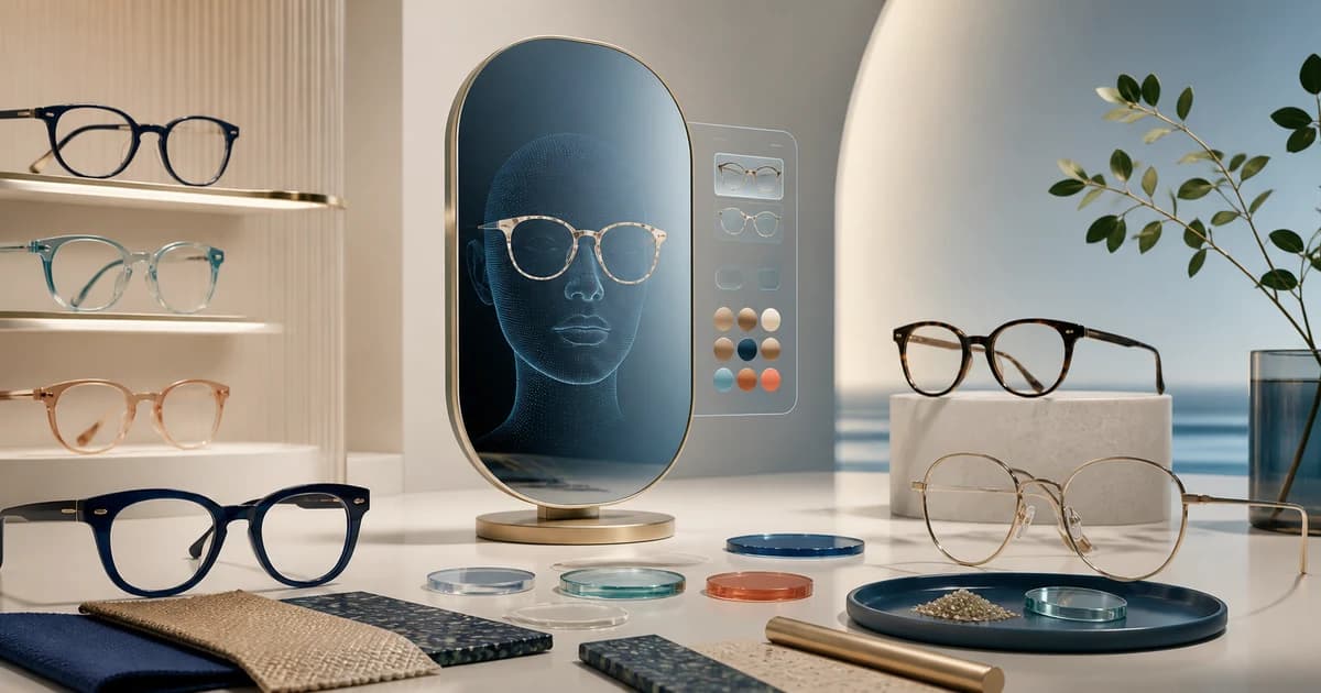 Eyewear showroom with virtual try-on display, frame materials, and modern glasses
