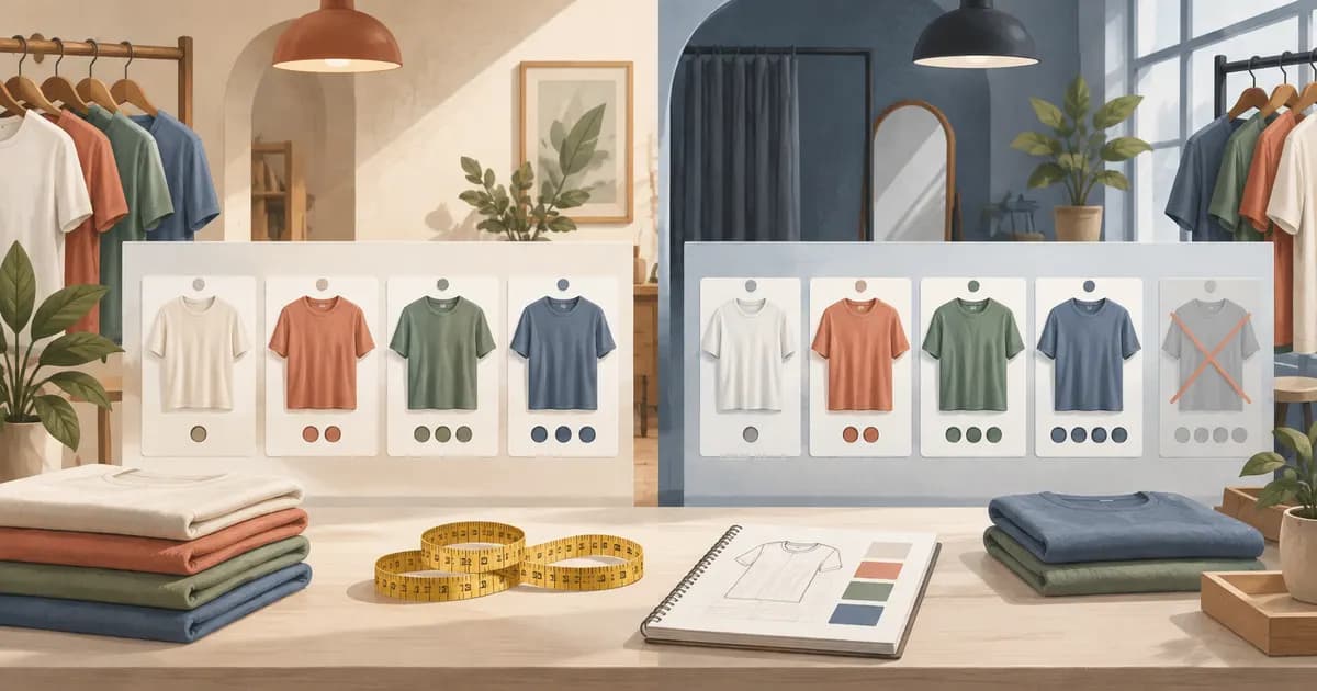 Editorial illustration for Wosa vs a free Shopify theme: testing a size-heavy clothing catalog