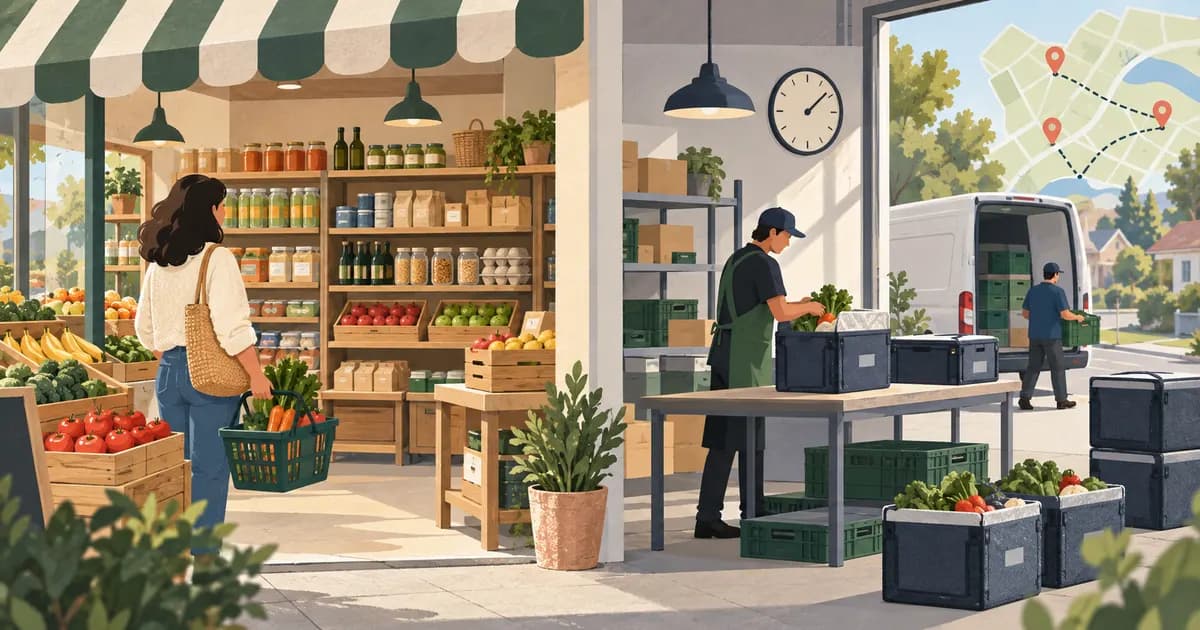 Editorial illustration for Groxery for local delivery: separate storefront design from delivery operations