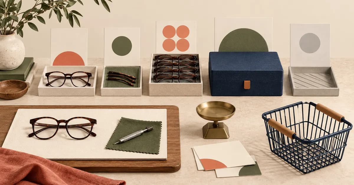 Editorial illustration for Presenting pack and quantity choices in an eyewear store