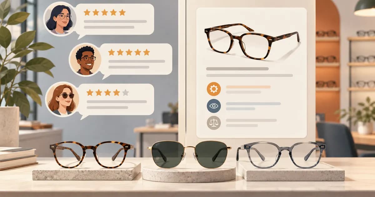 Editorial illustration for Separating customer reviews from editorial claims in a eyewear store
