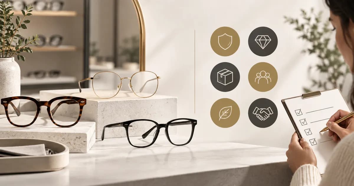 Editorial illustration for Reviewing trust badges in a eyewear storefront