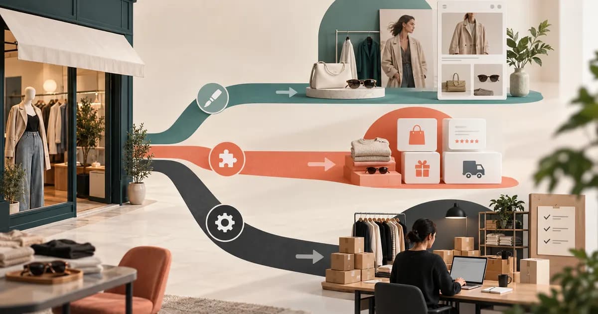 Editorial illustration for A theme-versus-app requirements map for fashion stores