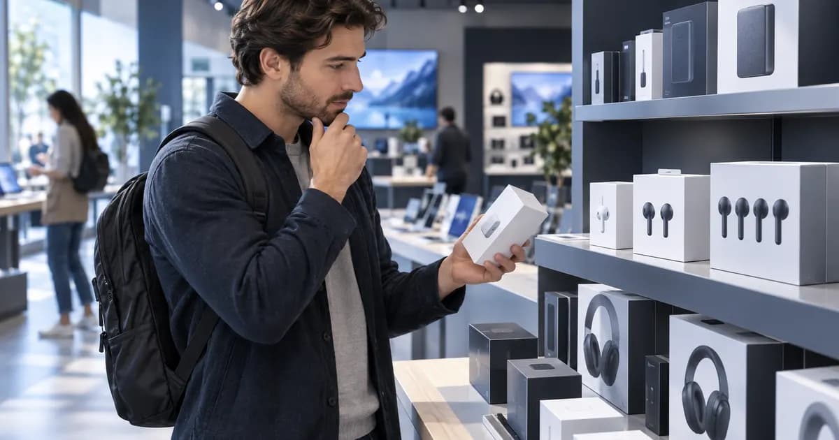 Editorial illustration for Presenting pack and quantity choices in a electronics store