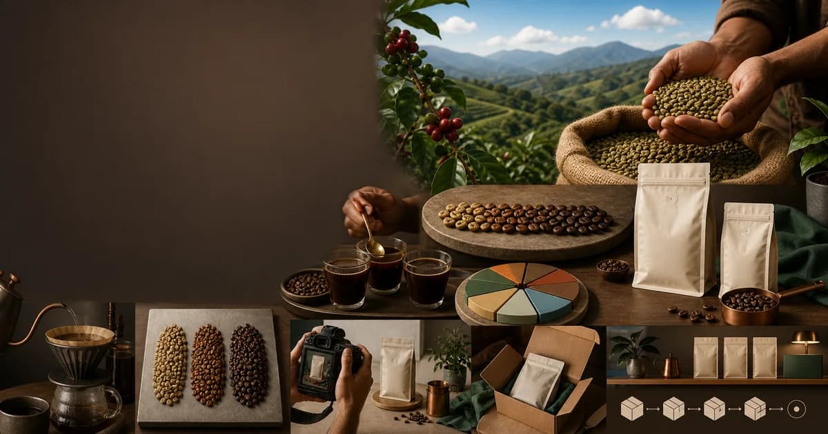 Coffee brand plan with sourcing, roasting, grind, and freshness controls