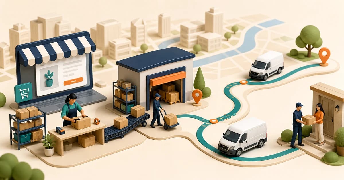 Online storefront dispatching packaged orders through local delivery routes