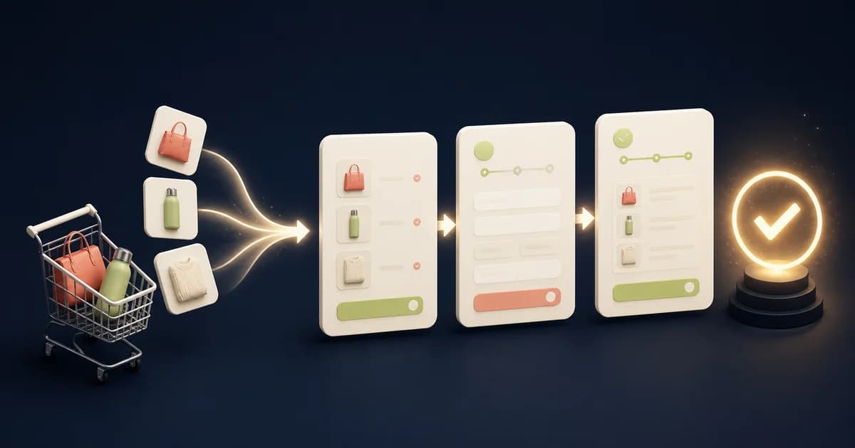 Shopify cart and checkout journey showing line-item editing, discounts, delivery estimates, total review, checkout handoff, failure recovery, and confirmation