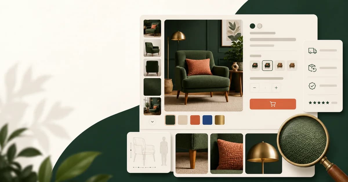 Optimized Shopify product page connecting gallery, variant picker, price, availability, product form, delivery details, evidence, and mobile performance