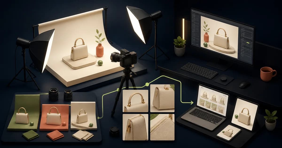 Consistent e-commerce product photo set with detail and context views