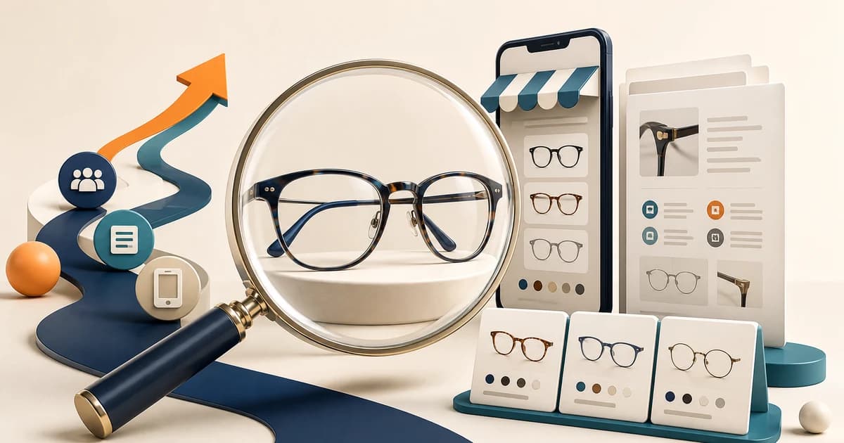 Eyeglasses under a magnifying glass beside a mobile storefront and product content cards