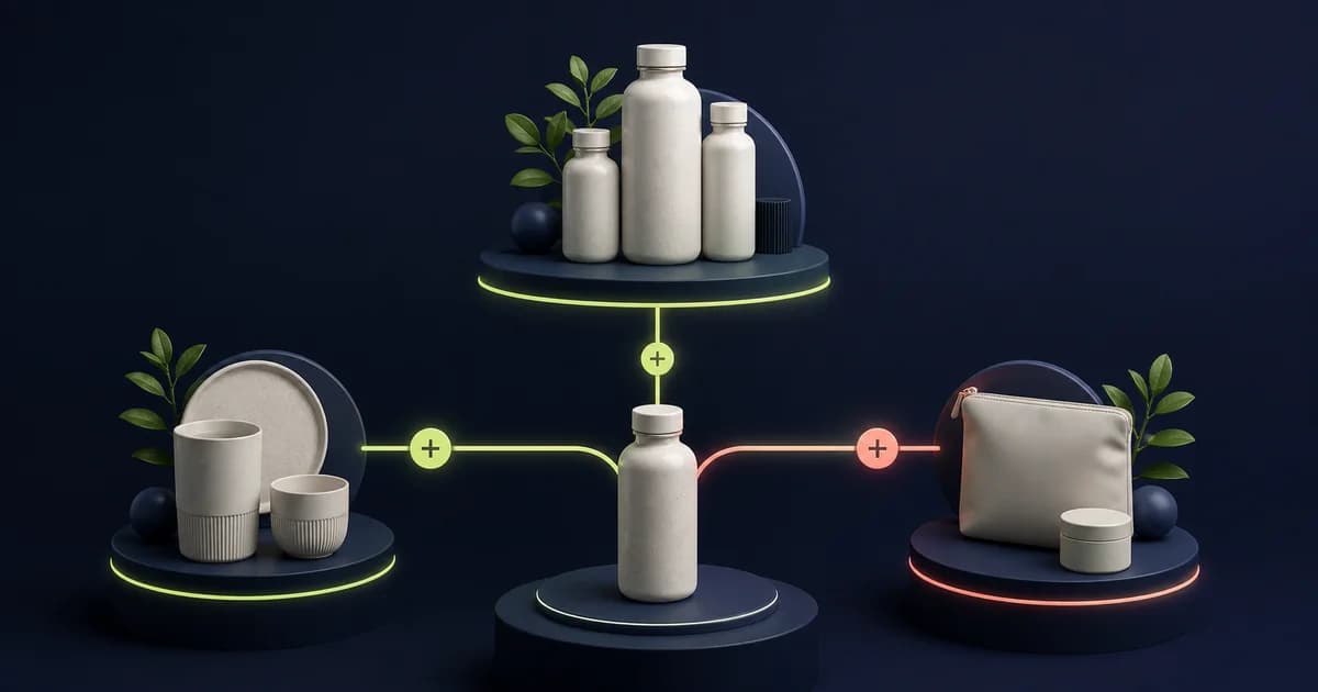 Shopify merchandising map connecting a selected coffee brewer to a better-fit model, filters, beans, and replacement accessories at distinct journey stages