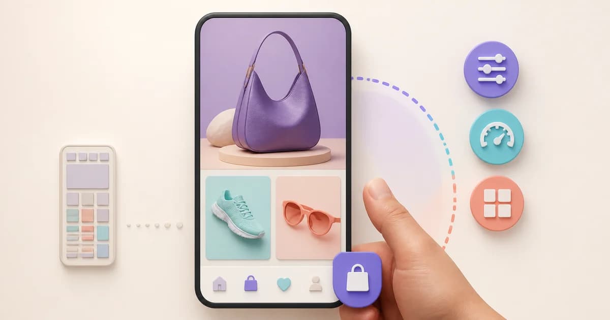 Mobile Shopify product journey showing compact navigation, responsive media, reachable option controls, cart feedback, and checkout handoff