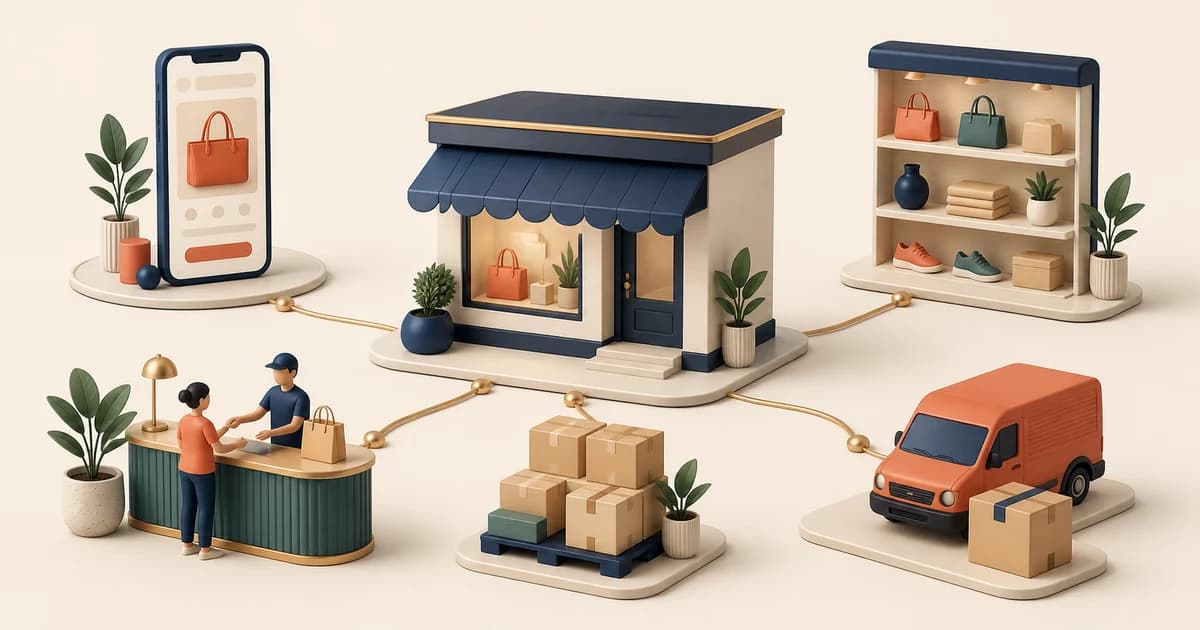 Connected storefront, mobile channel, pickup counter, inventory, and delivery network