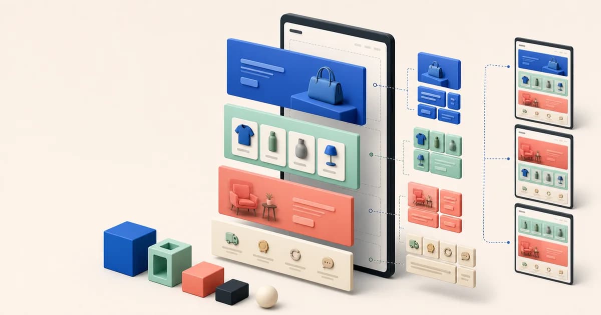 Shopify Online Store 2.0 page diagram nesting a JSON template, content sections, theme blocks, and an app block