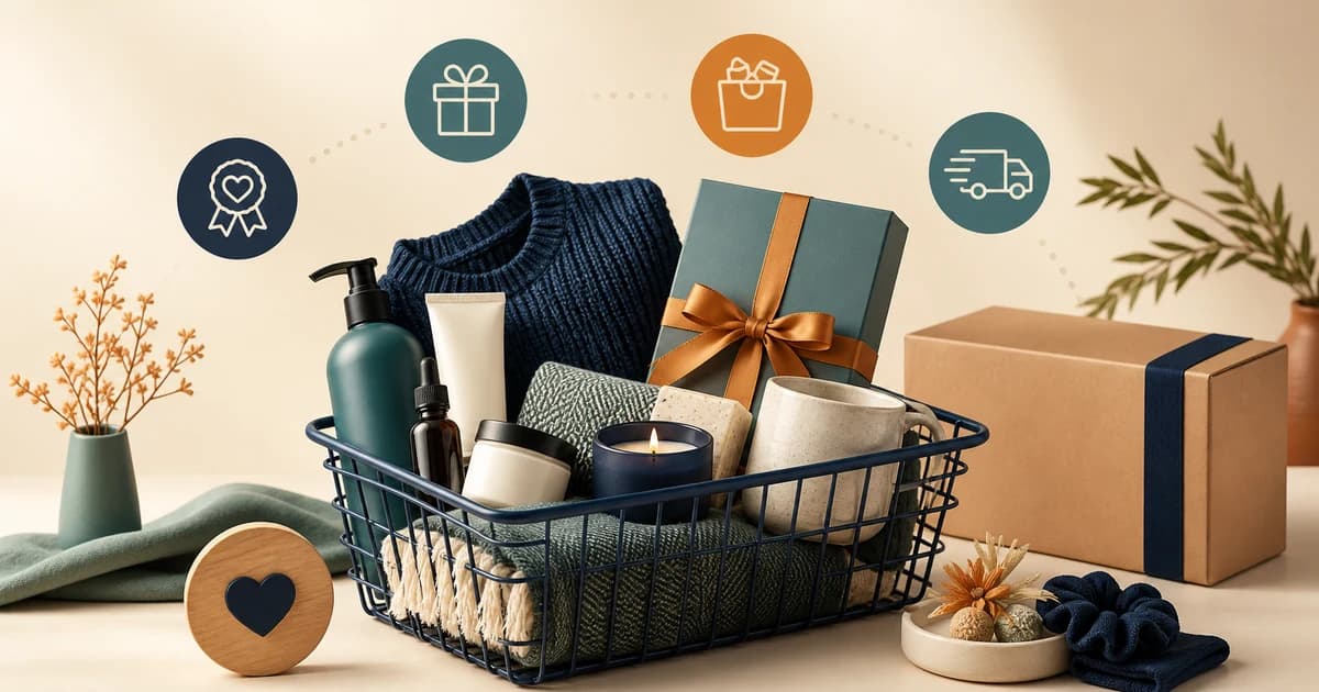Curated product bundle, gift, loyalty, and delivery symbols around a shopping basket