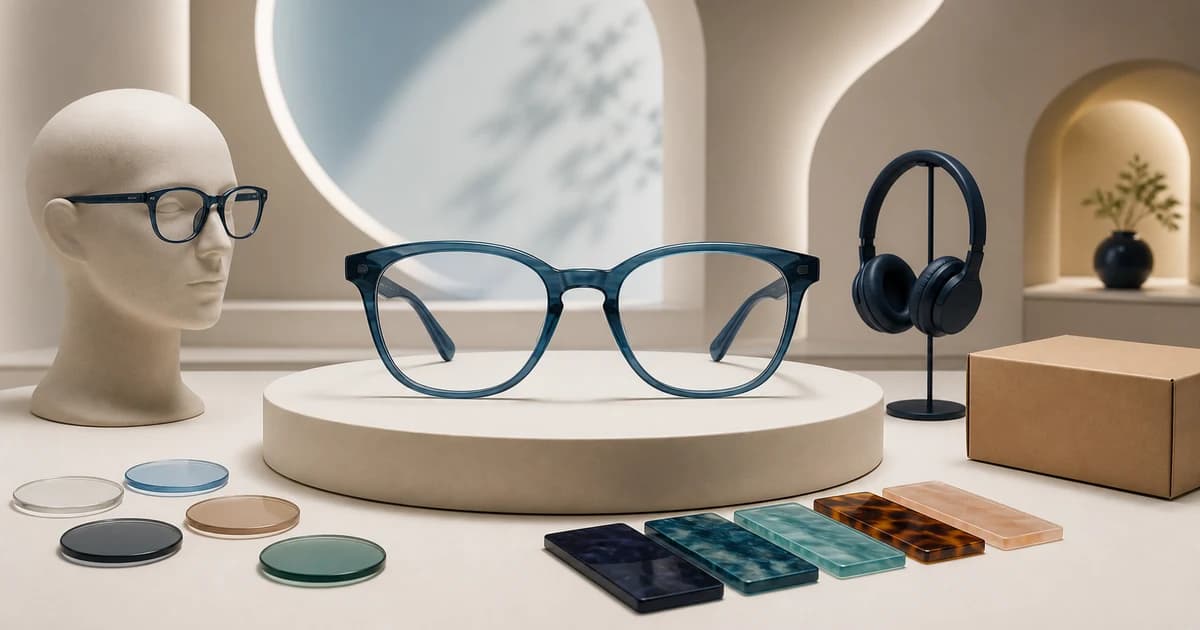 Eyeglasses with fit model, lens samples, material swatches, support headset, and parcel
