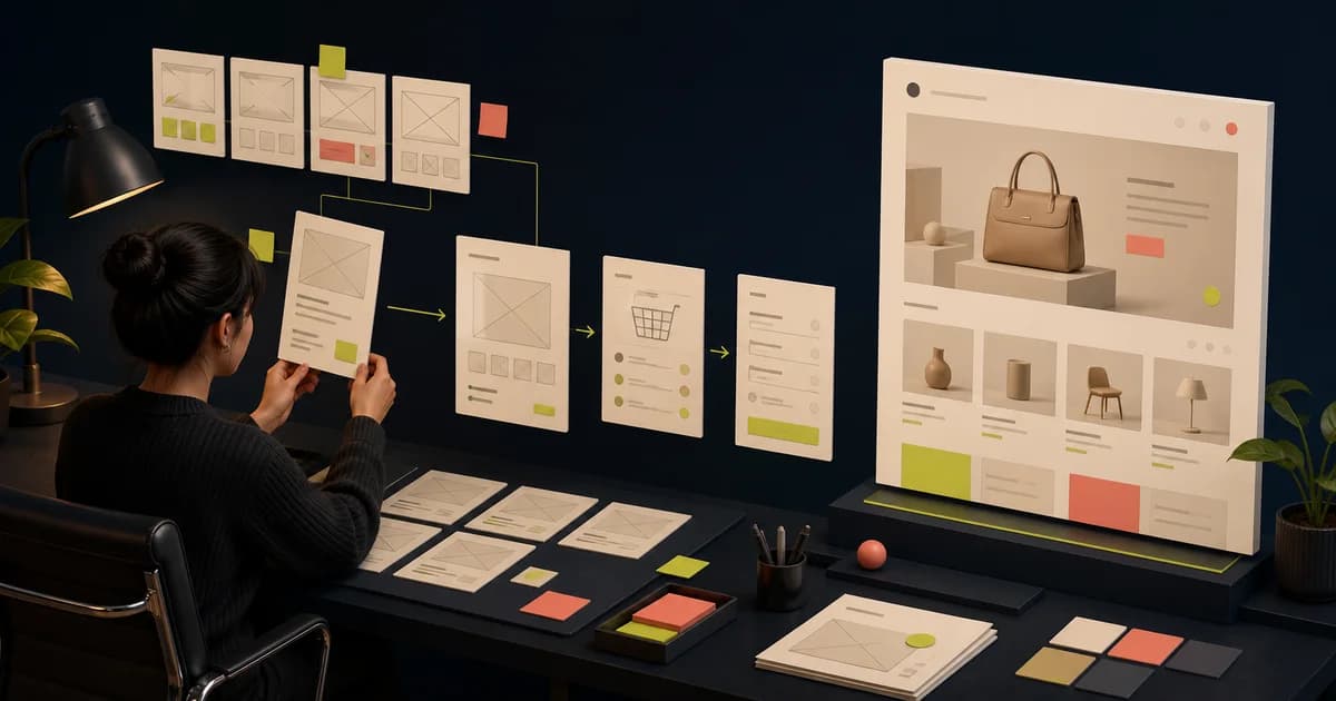 Low-fidelity wireframes for an e-commerce journey