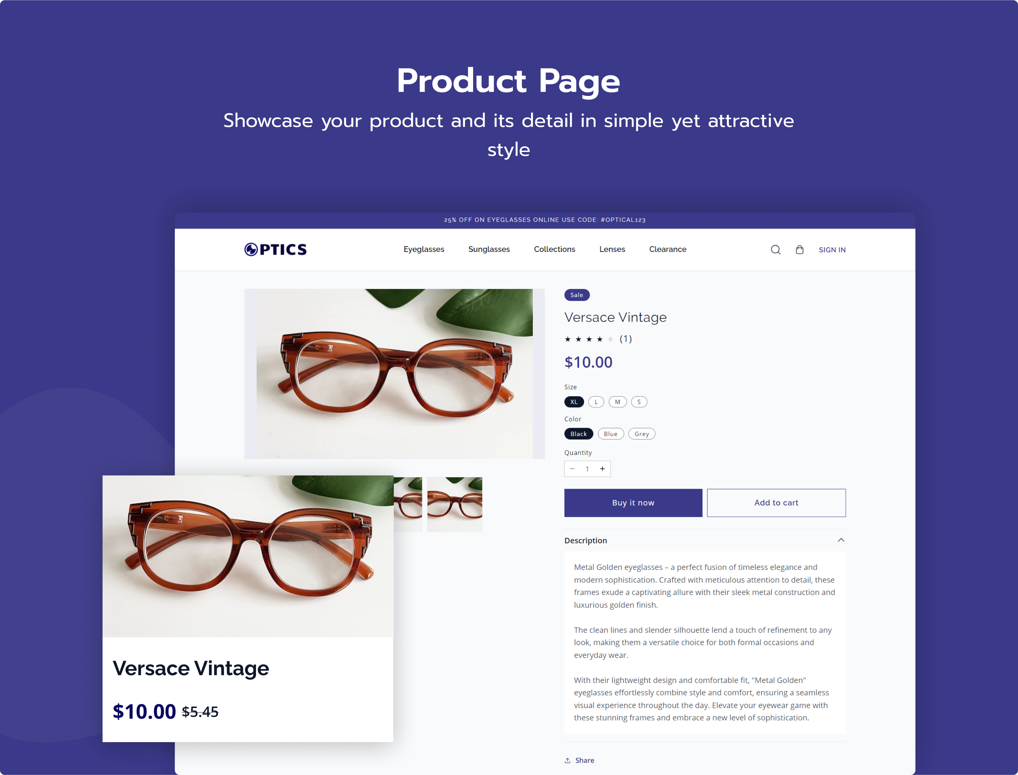 optics shopify e-commerce theme product page